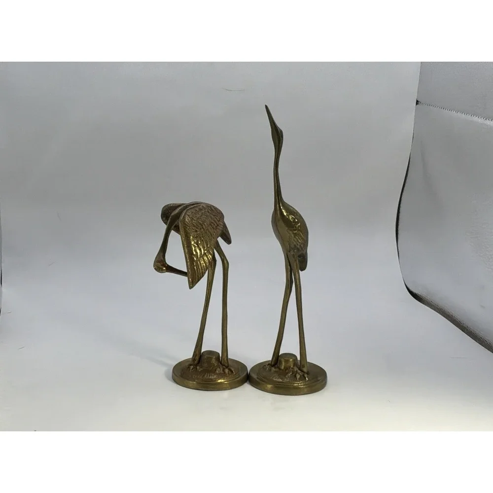 Vintage MCM Brass Bird Pair of 2 Crane Heron Egret Large Figurines 8.5 In 5 In